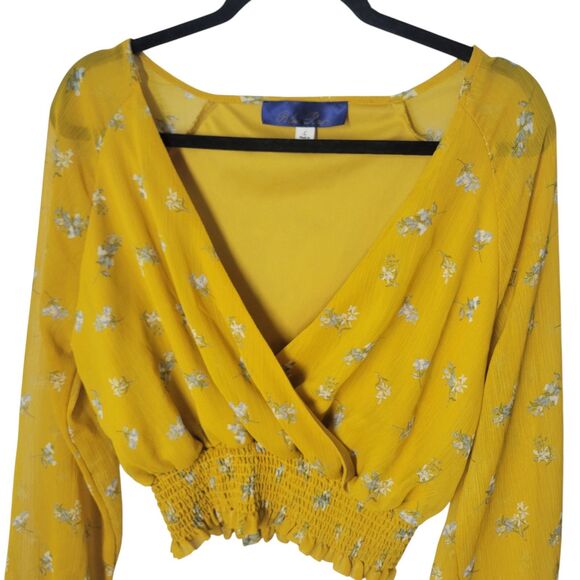 Blue Rain Womens Sz L Yellow Floral Long Sleeve Crop Top Blouse - Picture 10 of 11